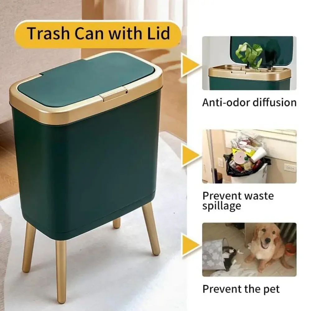 Small Trash Can with Lid 4 Gallon Push Button Waste Bin Gold Edge Bathroom